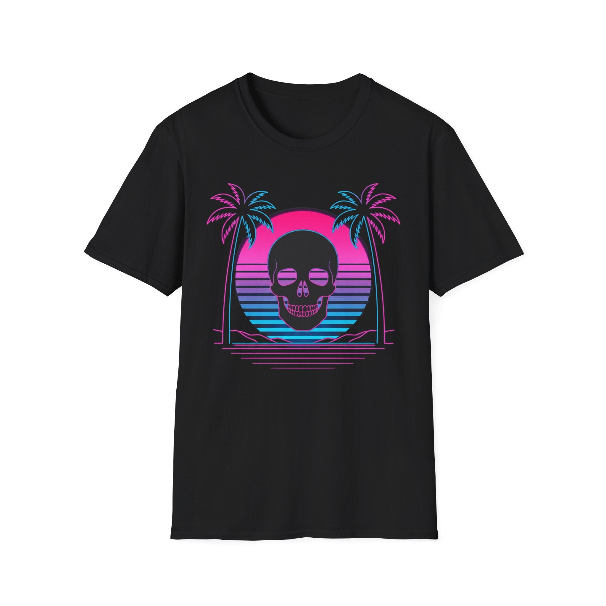 Black T-shirt with vaporwave skull graphic, palm trees and sunset arch design