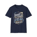Shoot for the Stars graphic T-shirt in Navy, starry quote design with moon and sparkles