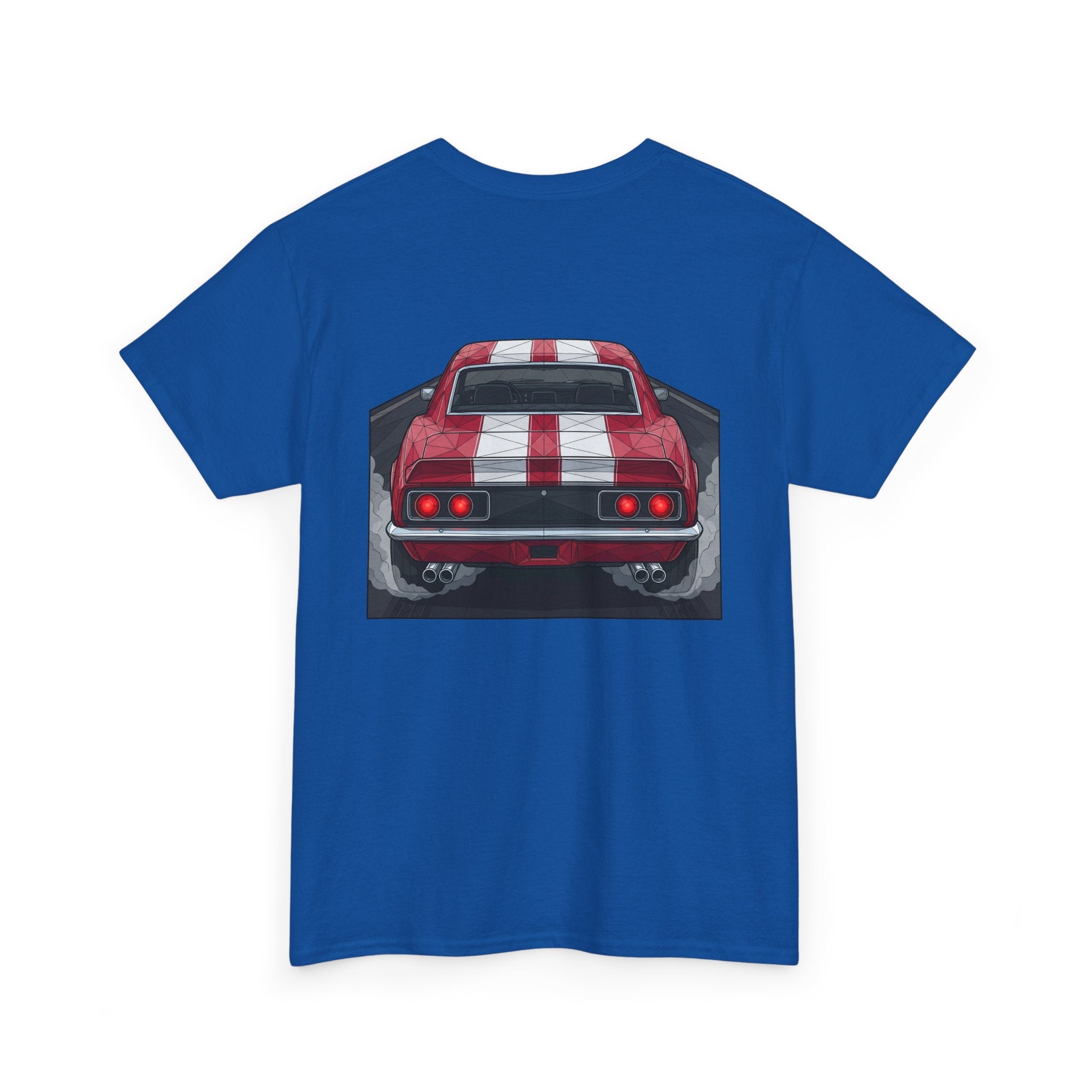 Royal blue T-shirt with vintage rear red muscle car graphic on the chest