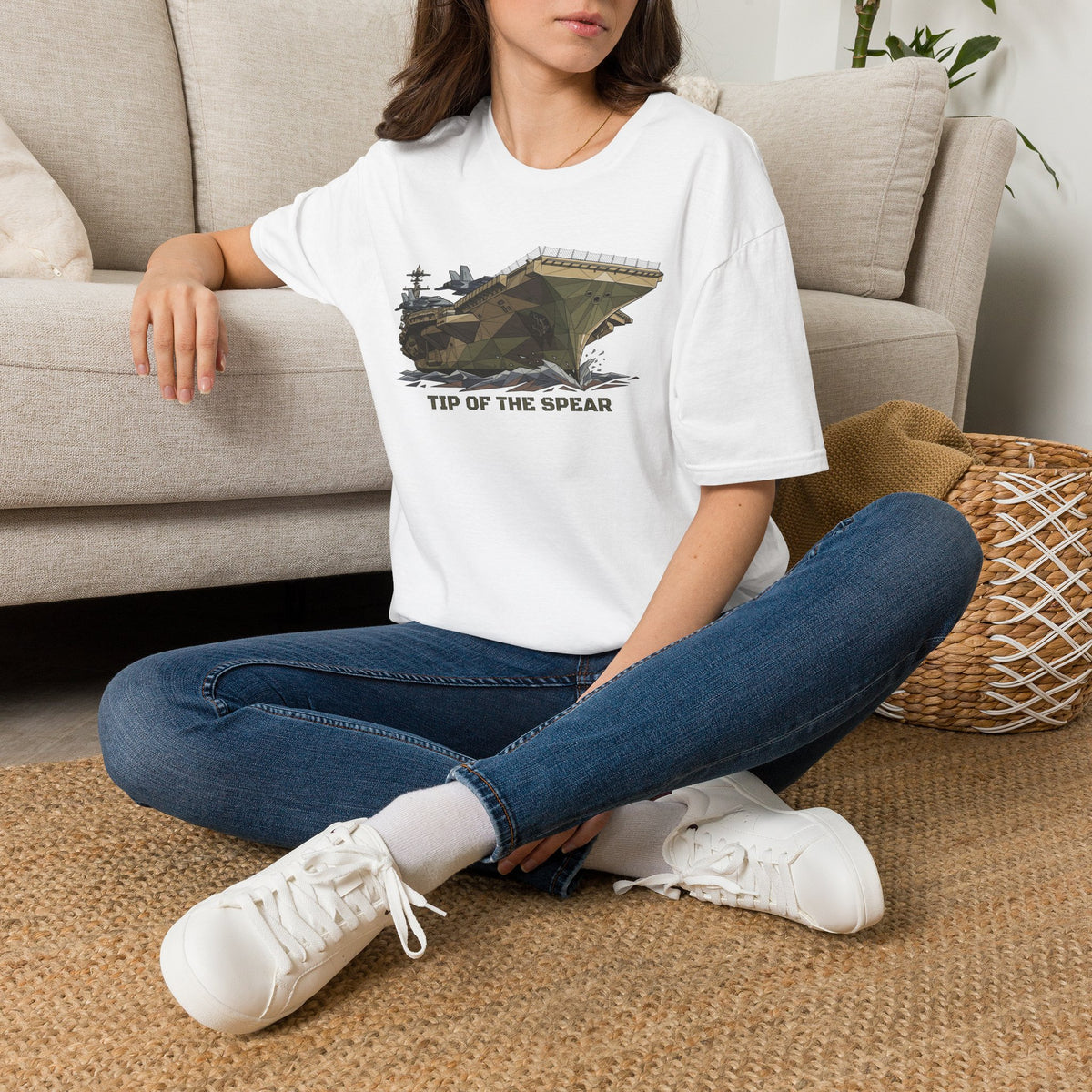 White military tank T-shirt worn by model, front tank graphic and 'TIP OF THE SPEAR'
