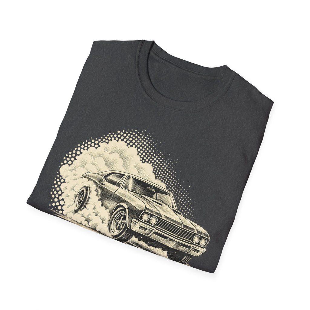 Dark gray crew-neck T-shirt with vintage muscle car graphic and cloud dot border