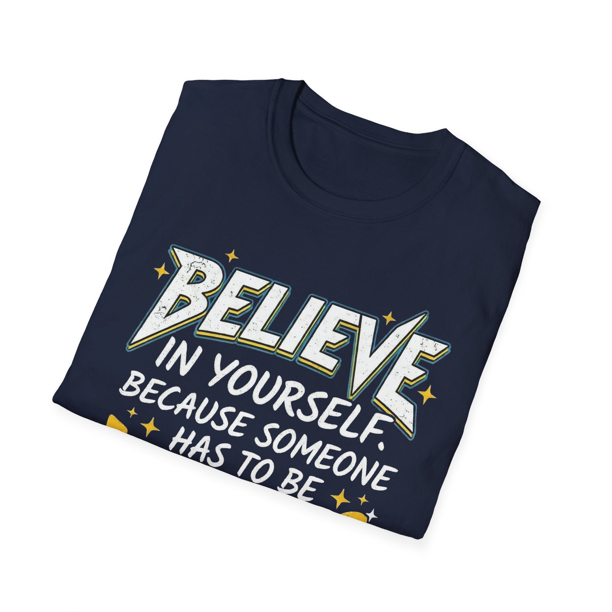 Funny T-Shirt mit Zitat-Print „BELIEVE…“, Navy