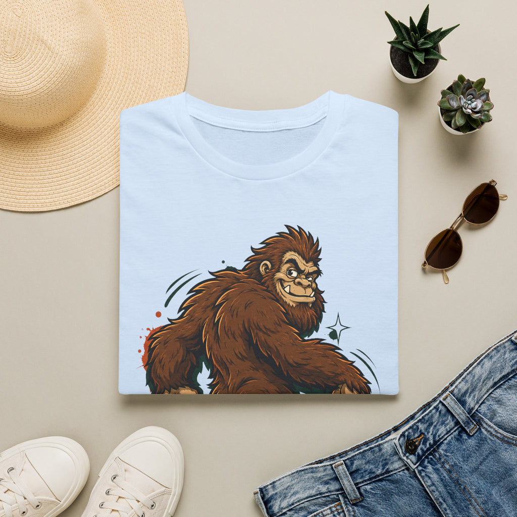 Light blue crewneck T-shirt with brown smirking sasquatch graphic and star accents