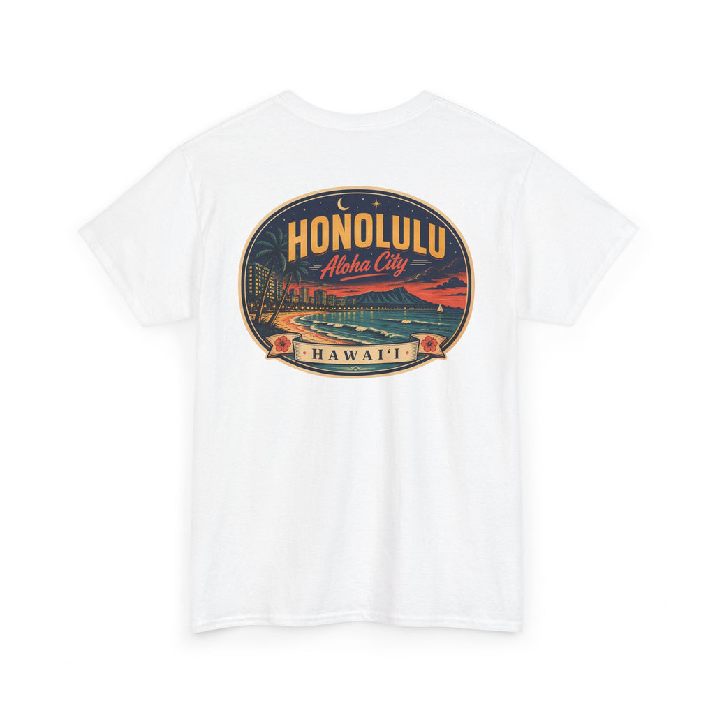White T-shirt with circular HONOLULU Aloha City graphic on front