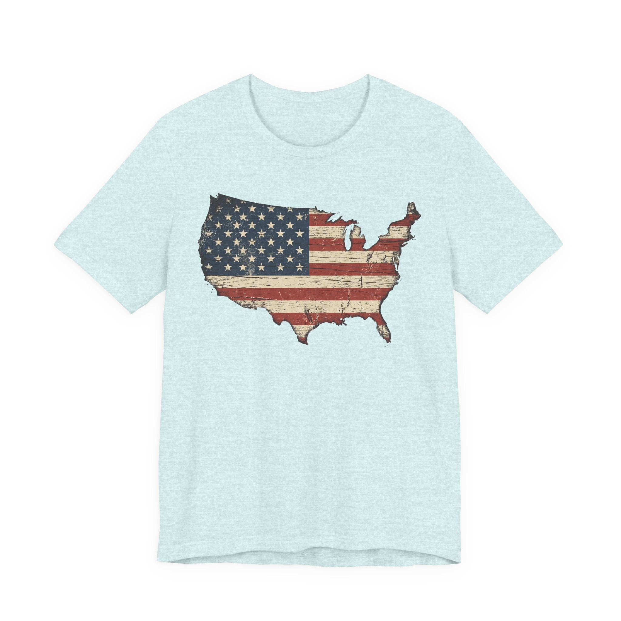 Light blue crewneck T-shirt with distressed American flag map graphic