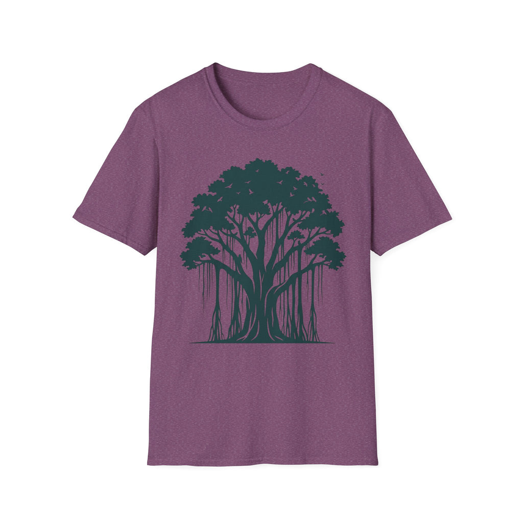 Purple T-shirt with dark green tree canopy and roots graphic on the front