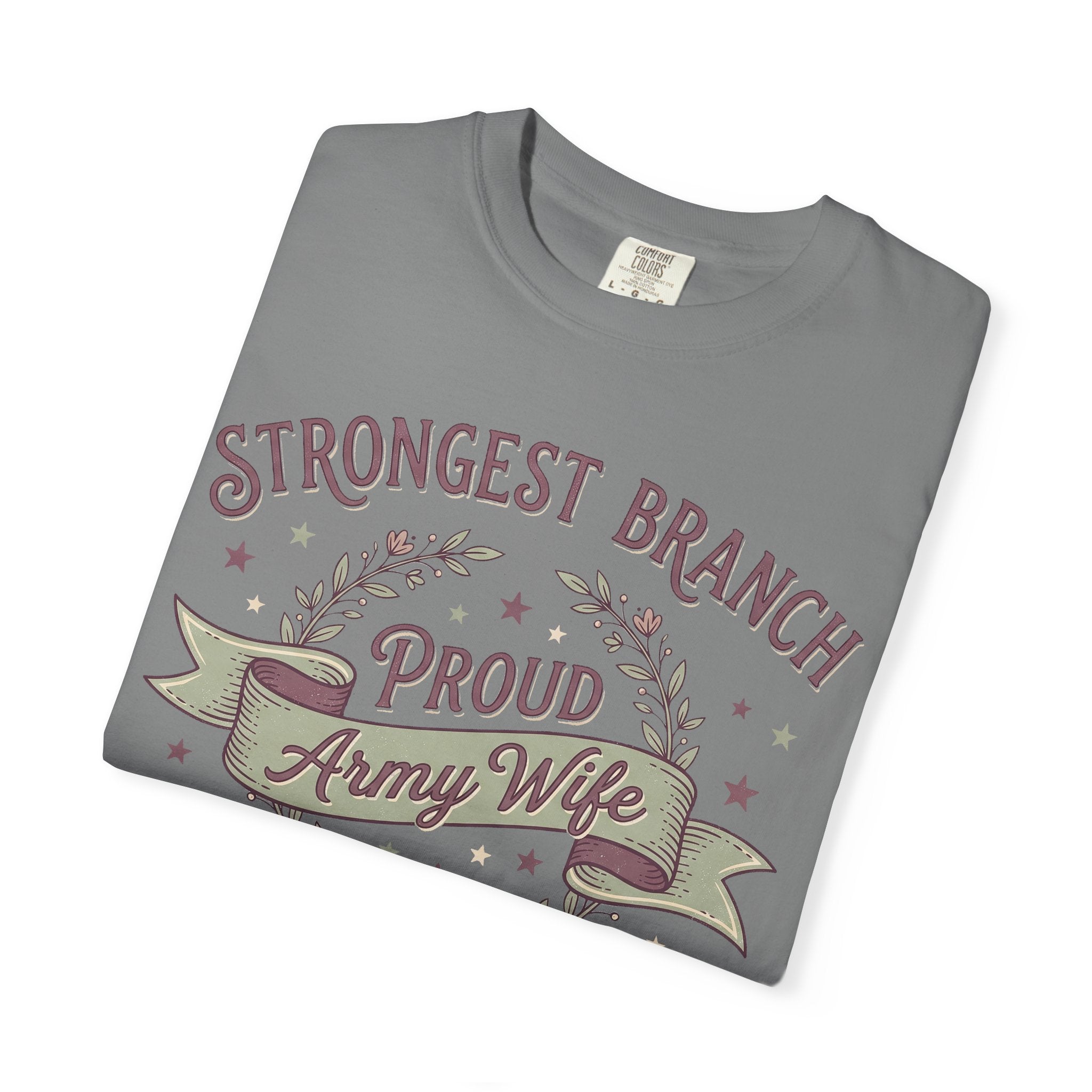 Dark gray Proud Army Wife T-shirt with “Strongest Branch Proud Army Wife” graphic