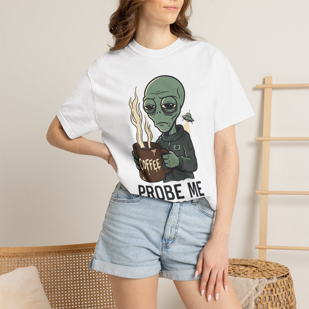 White alien coffee graphic T-shirt on model, short sleeves, crew neck.