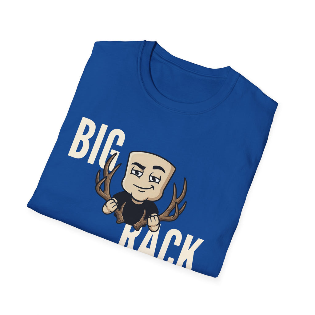 Royal blue T-shirt with “BIG RACK” graphic and cartoon hunter with antlers
