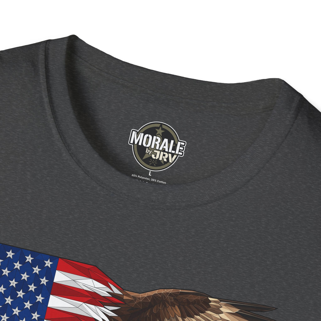 Crew neck and label on dark heather T-shirt with crest logo