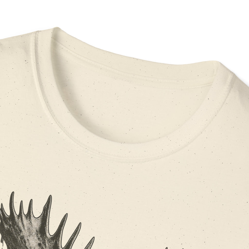 Natural off-white crew-neck T-shirt with partial moose antler graphic at lower left
