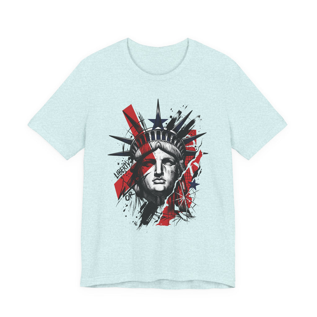 Light blue graphic t-shirt with Statue of Liberty face illustration in red and black