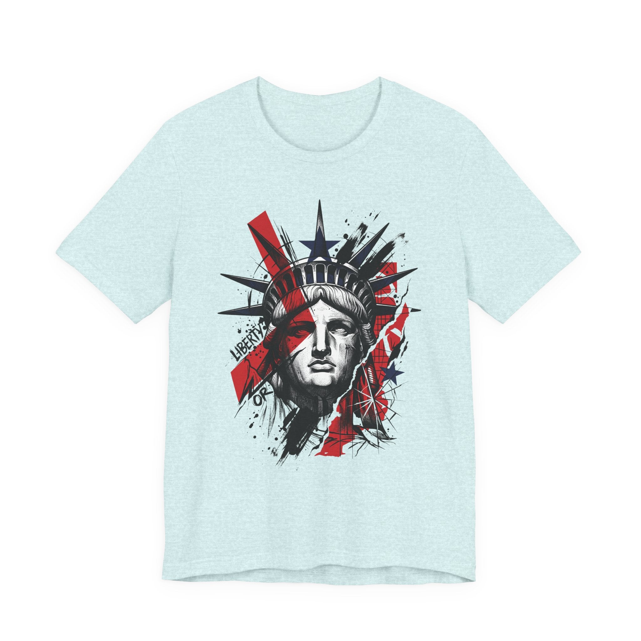 Light blue graphic t-shirt with Statue of Liberty face illustration in red and black