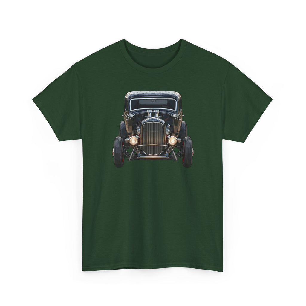 Dark green graphic T-shirt with vintage hot rod front view artwork