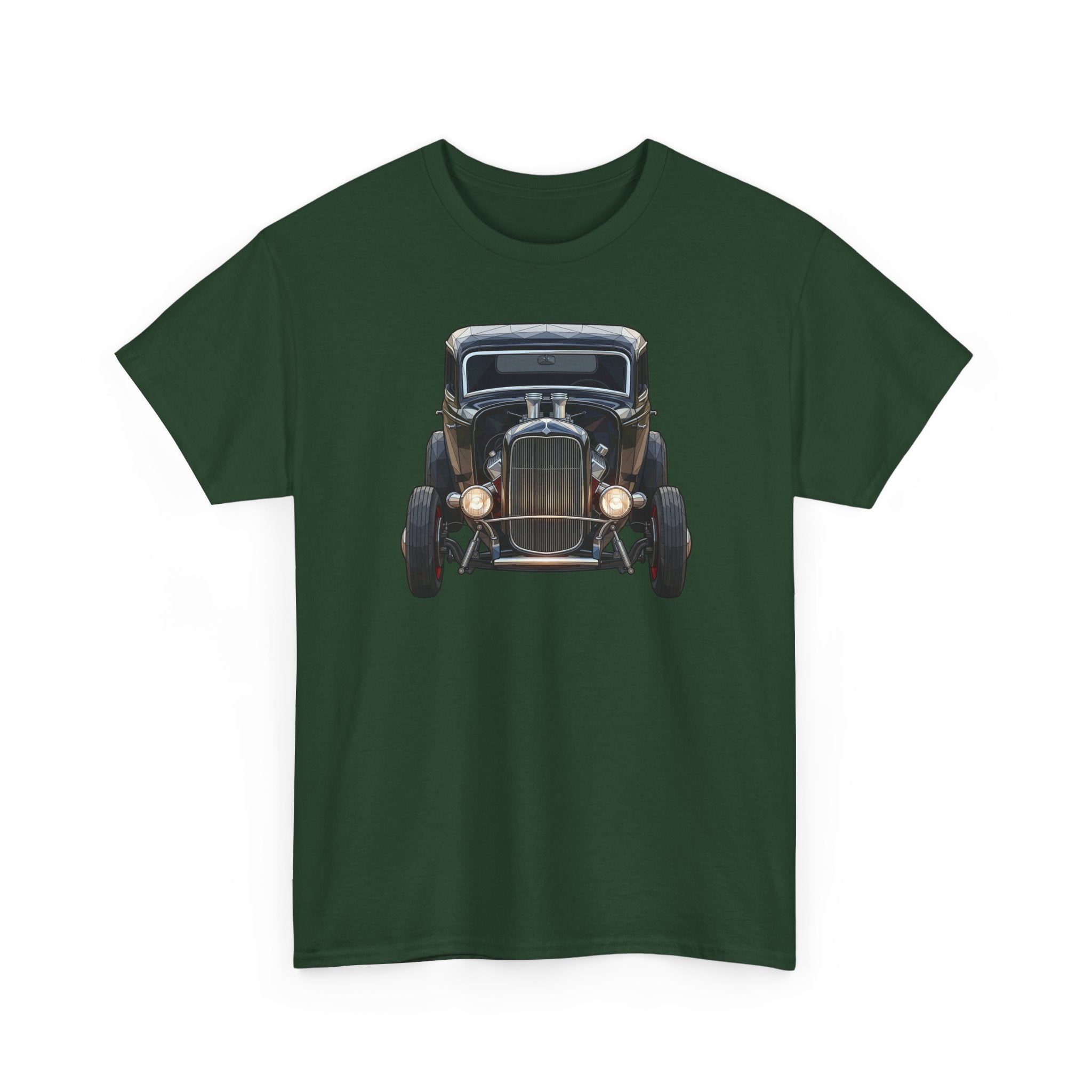 Dark green graphic T-shirt with vintage hot rod front view artwork