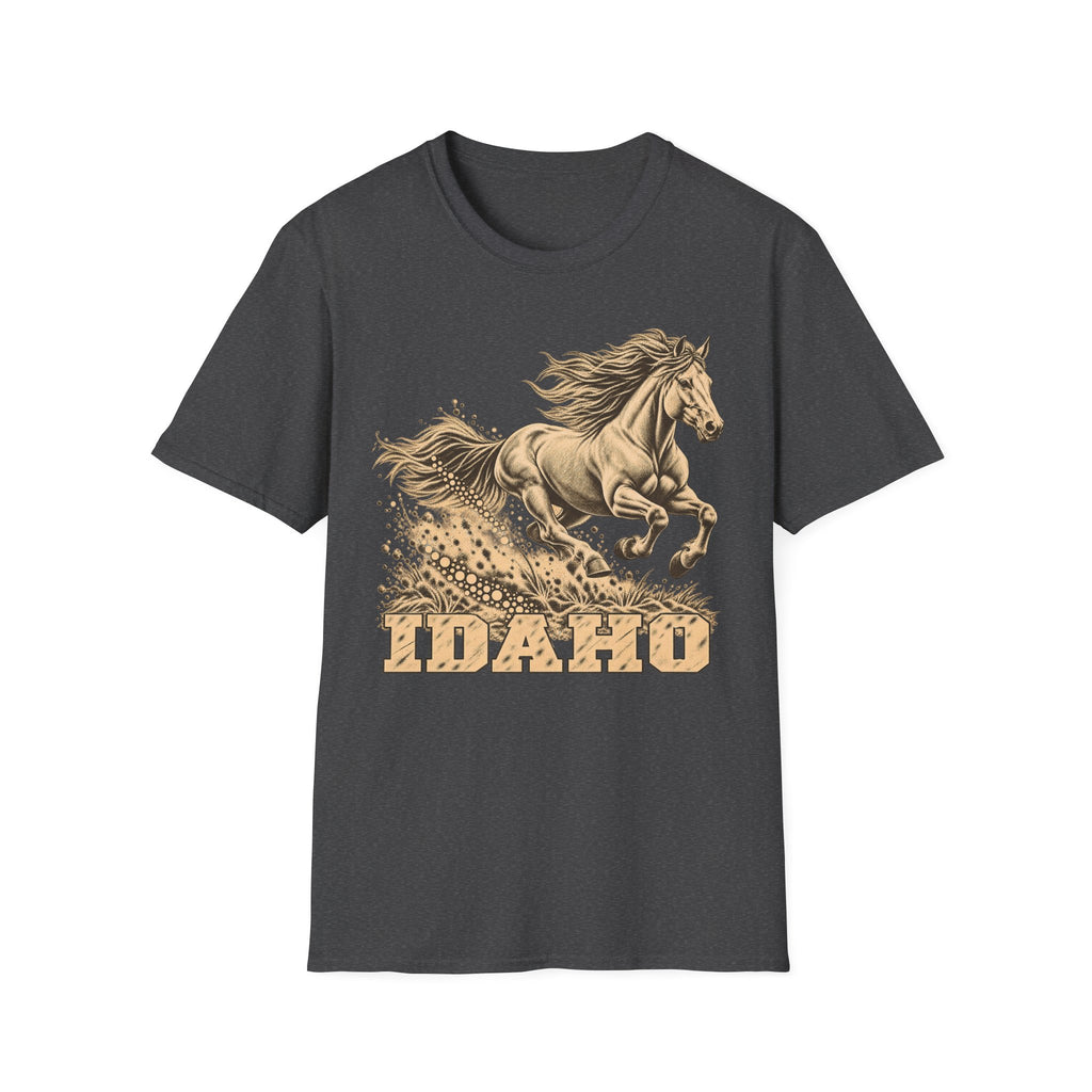 Dark charcoal T-shirt with golden running horse graphic and Idaho text