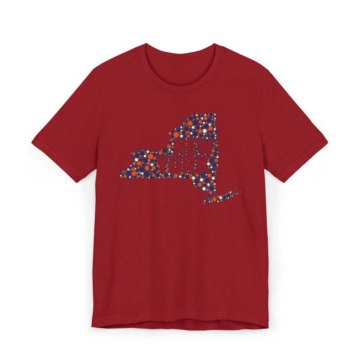 Red T-shirt with colorful dotted New York state outline graphic print
