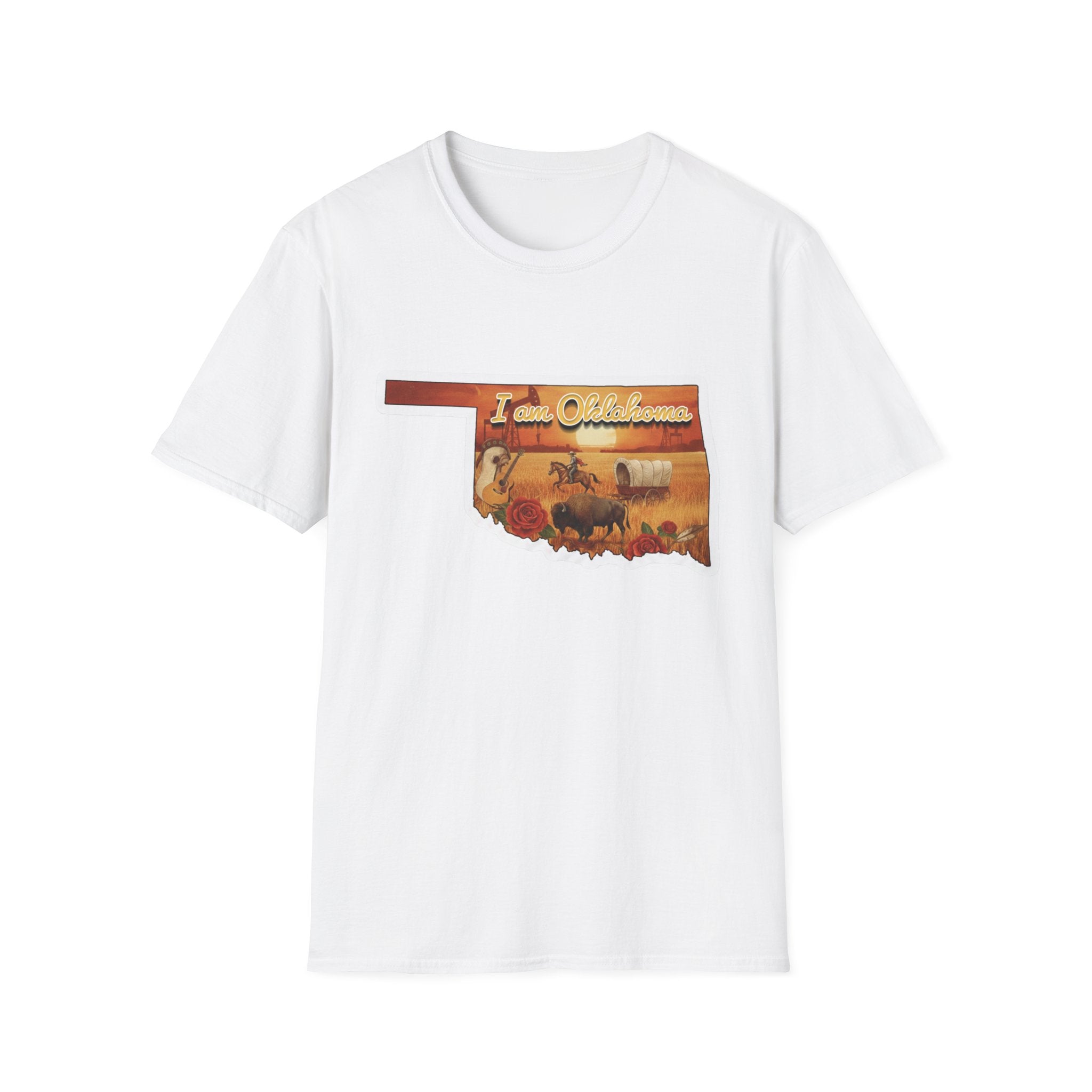 White T-shirt with Oklahoma silhouette and cowboy scene graphic