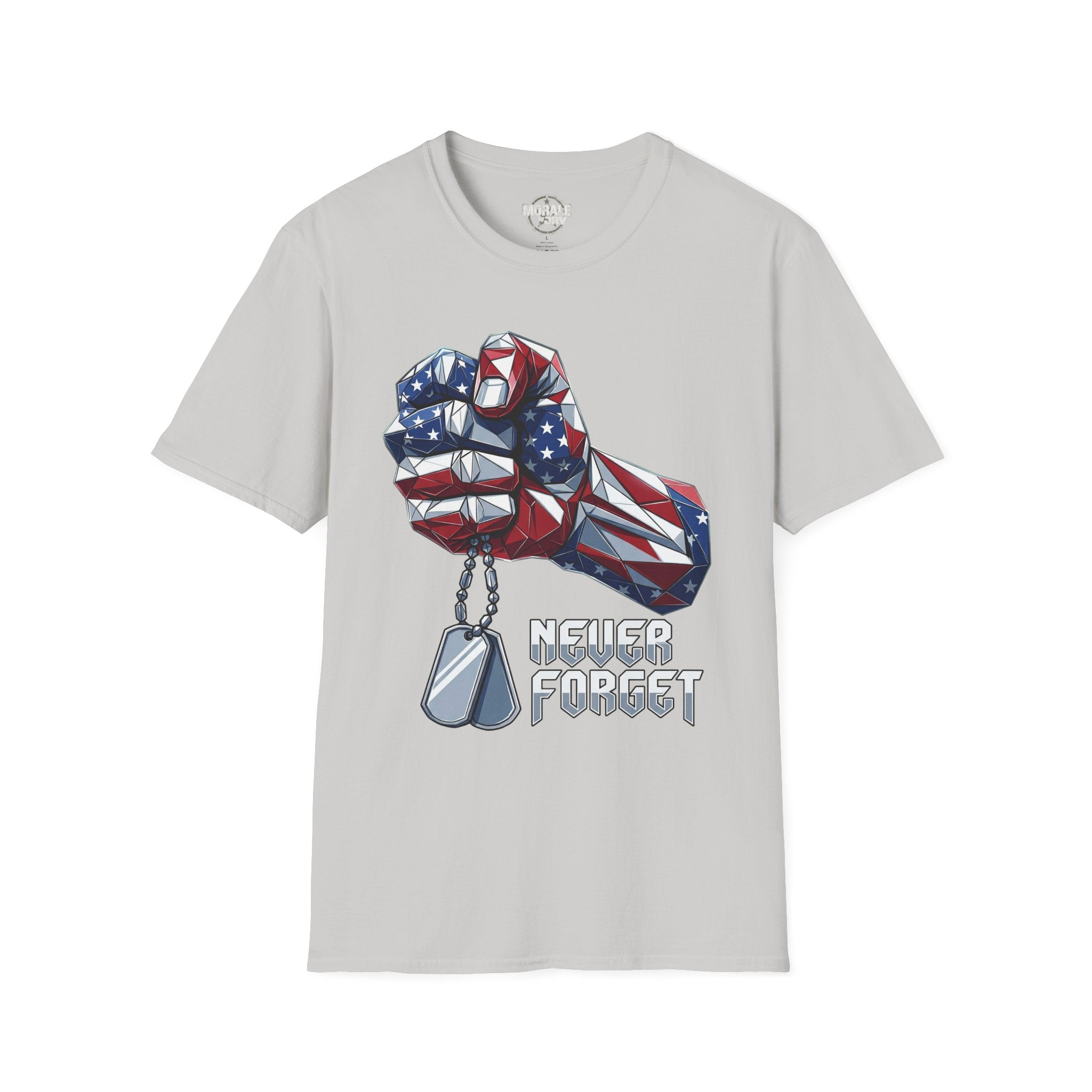 Light gray T-shirt with patriotic fist, dog tags, and “Never Forget” lettering