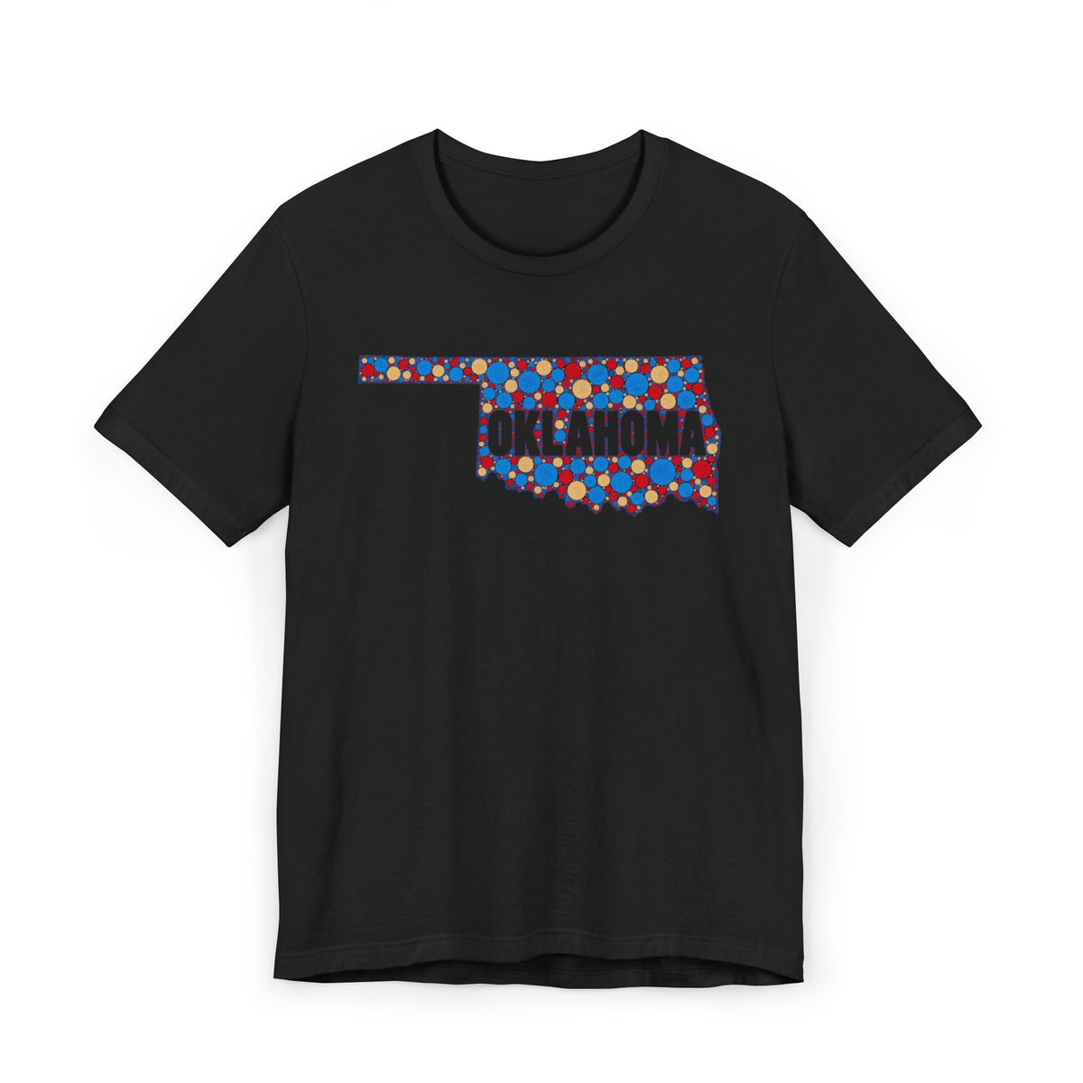 Black T-shirt with colorful Oklahoma floral map graphic across chest
