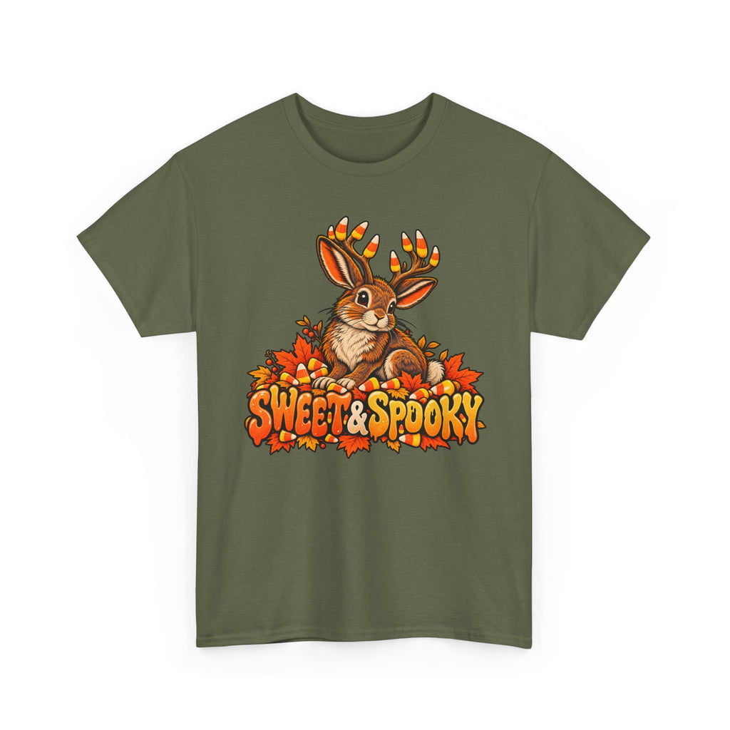 Deep green Halloween jackalope t-shirt with candy corn antler bunny front graphic