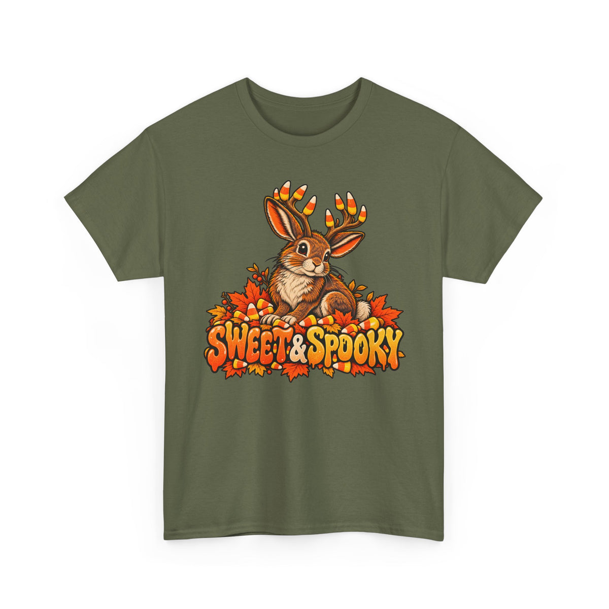 Deep green Halloween jackalope t-shirt with candy corn antler bunny front graphic