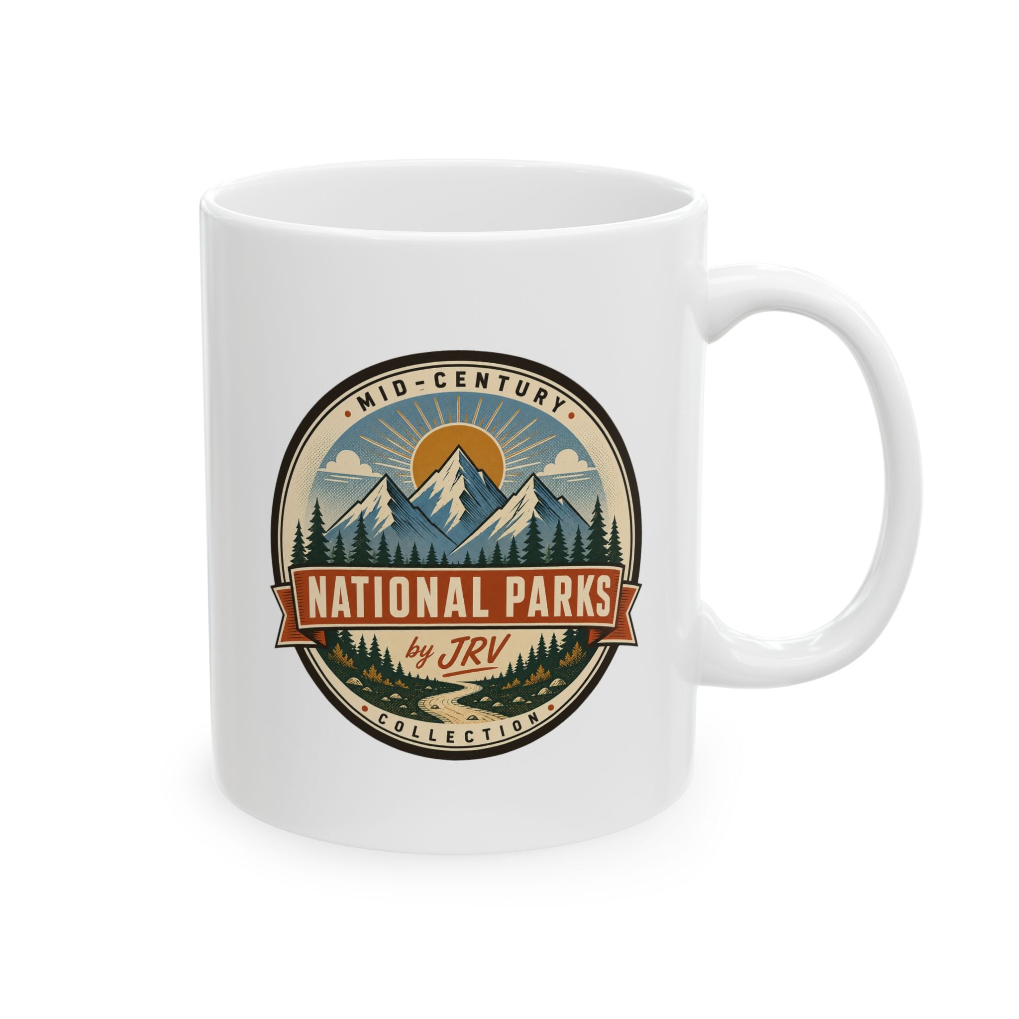 White ceramic coffee mug with front Mid-Century National Parks by JRV logo.