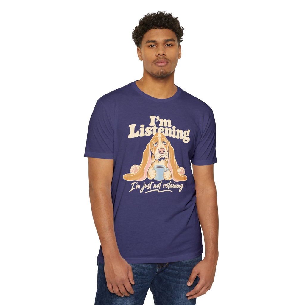 Basset hound T-shirt in navy blue with “I'm Listening” basset graphic on front