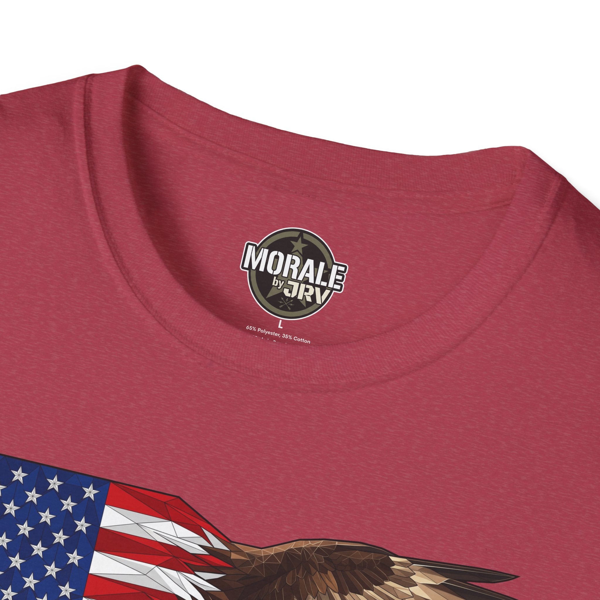 Red T-shirt with American flag eagle wings graphic, neck logo