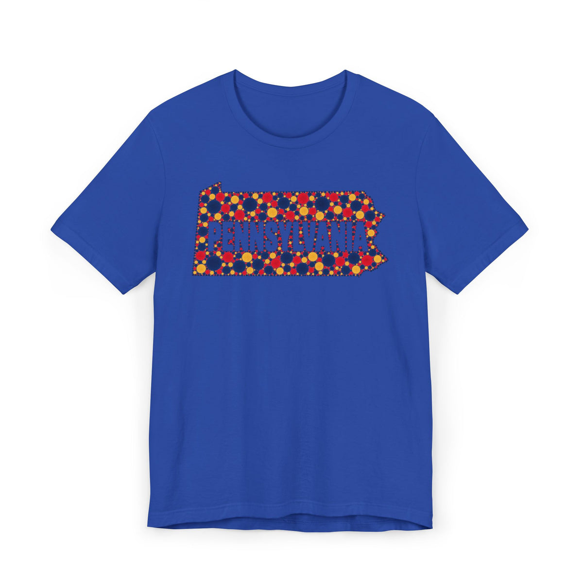 Royal blue crewneck T-shirt with colorful Pennsylvania graphic print