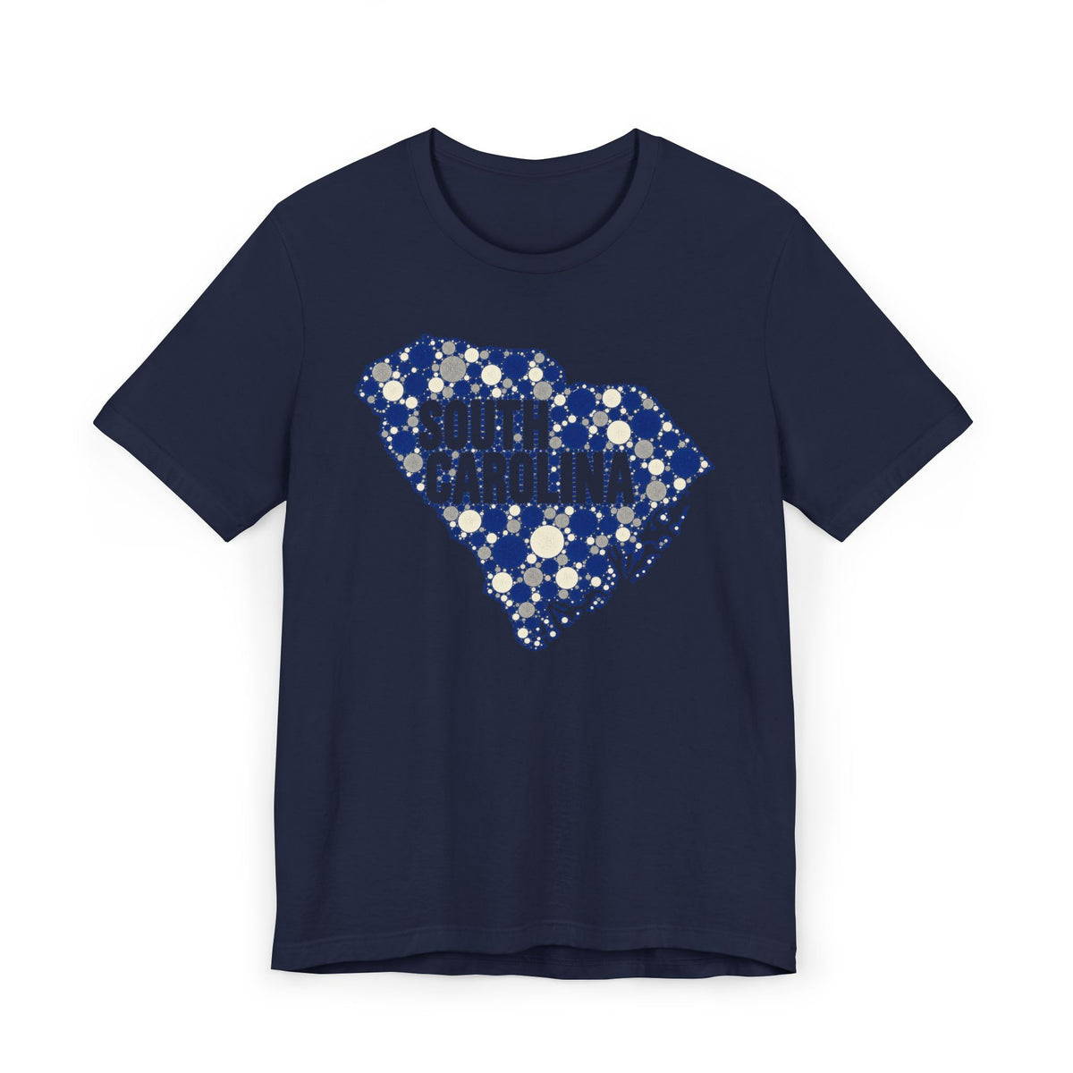 Navy T-shirt with blue dotted South Carolina outline and “South Carolina” text