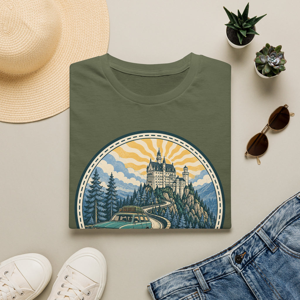 Green T-shirt with circular castle landscape illustration graphic