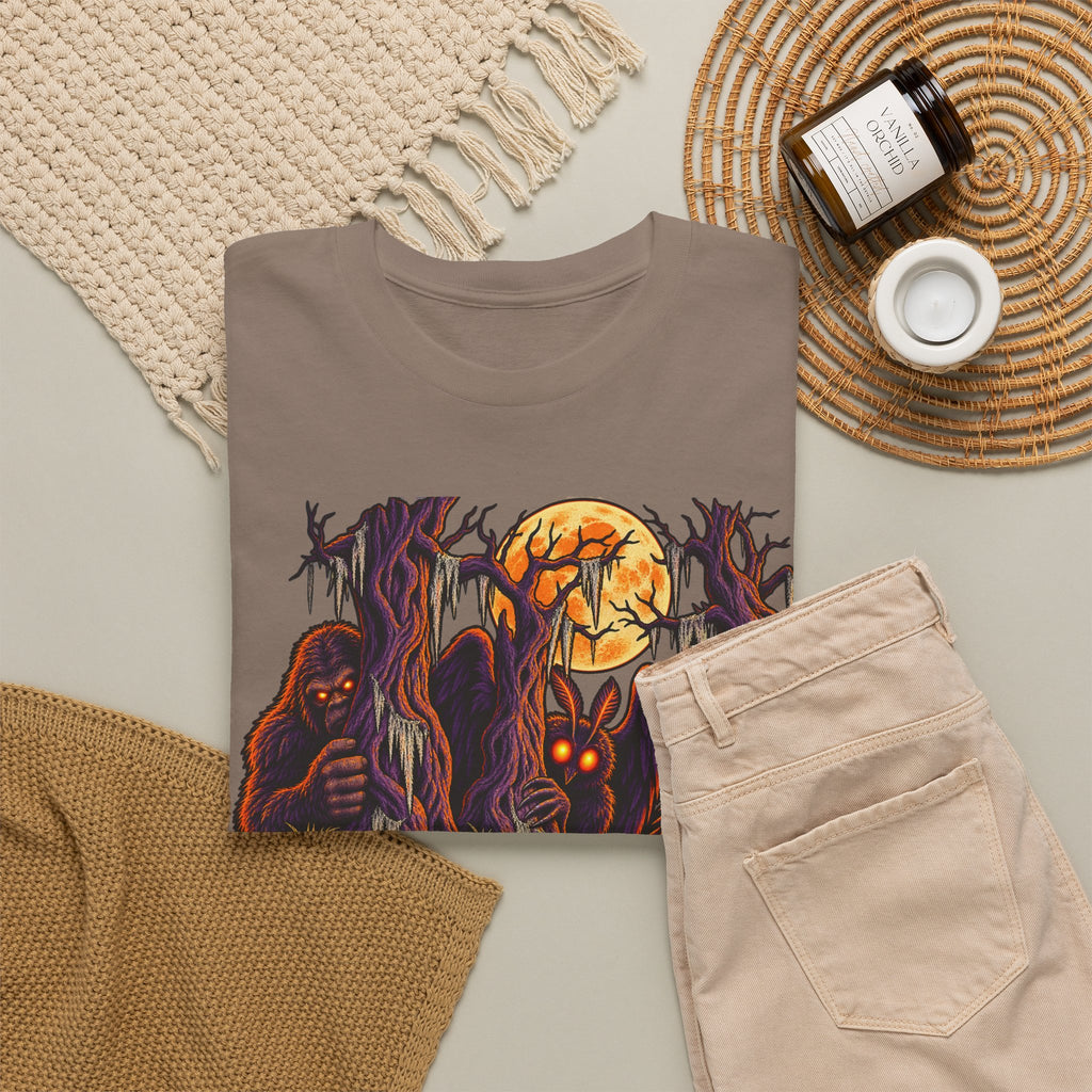 Taupe Halloween monster graphic T-shirt with haunted forest and glowing pumpkin face.