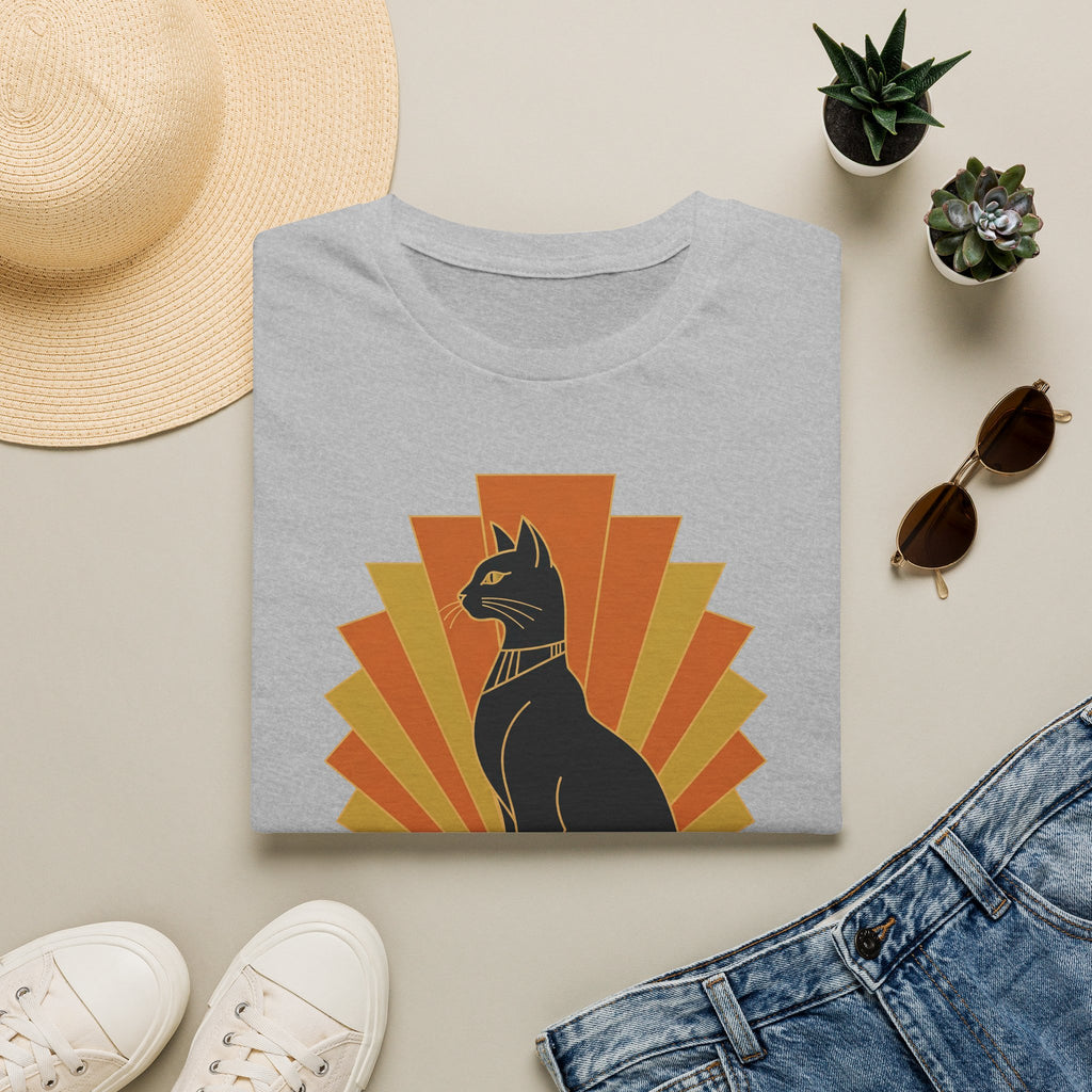 Light gray T-shirt with black Egyptian cat headdress, orange and yellow sunburst graphic.
