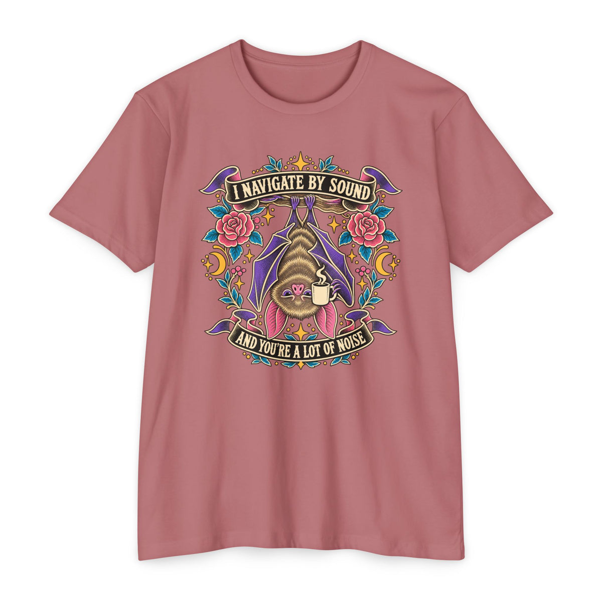 Pink crew-neck T-shirt with colorful gothic sound-navigation graphic on the chest