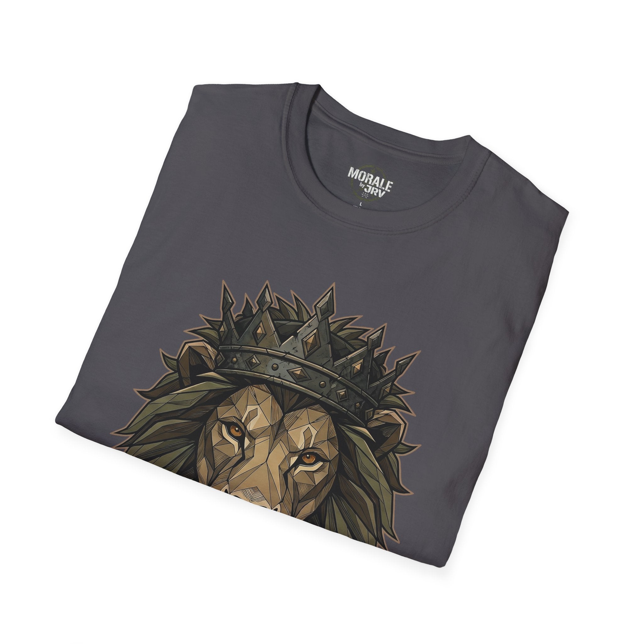 Charcoal tee with crowned lion head graphic on the front