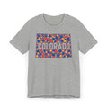 Heather gray crew-neck t-shirt with colorful patterned "COLORADO" graphic rectangle