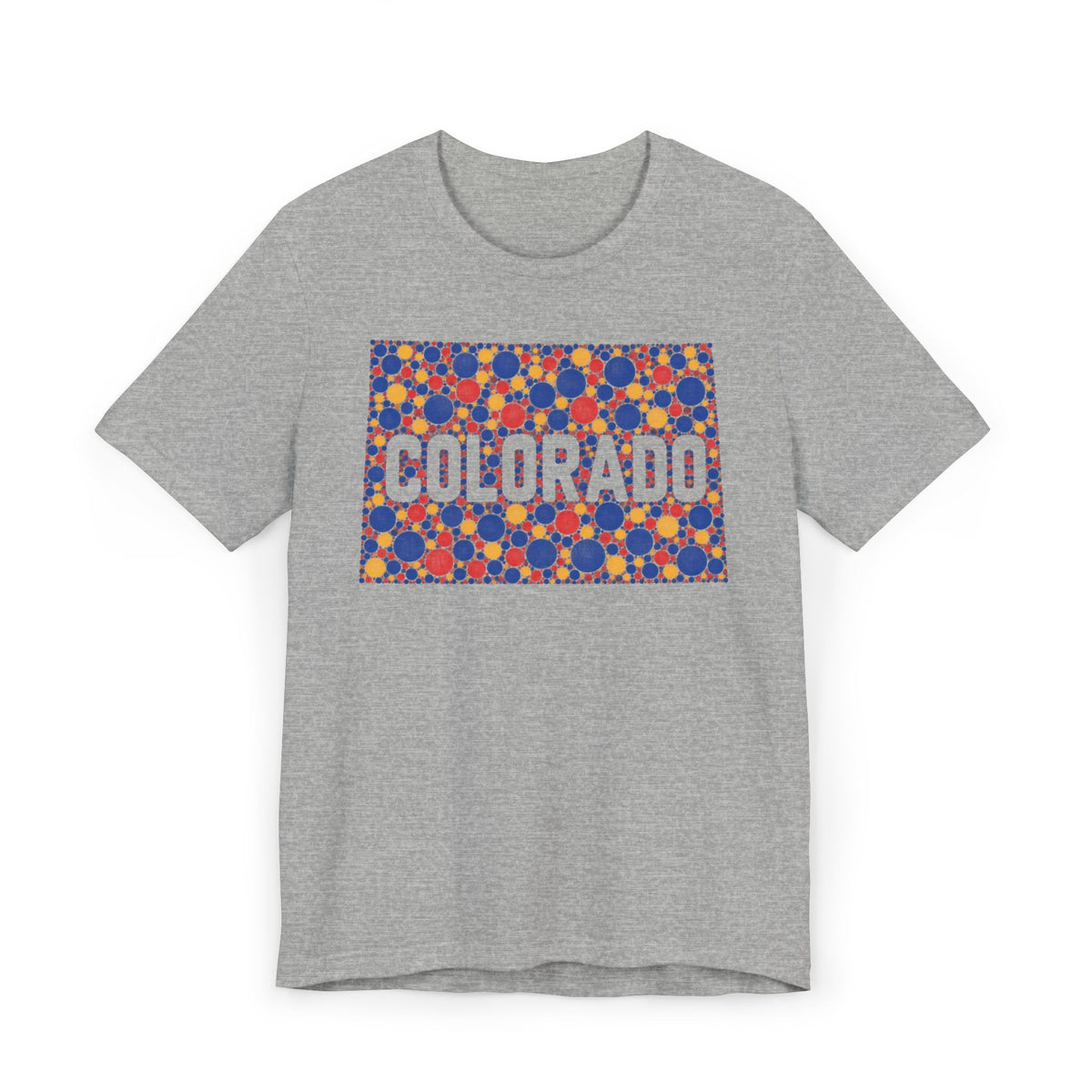 Heather gray crew-neck t-shirt with colorful patterned "COLORADO" graphic rectangle