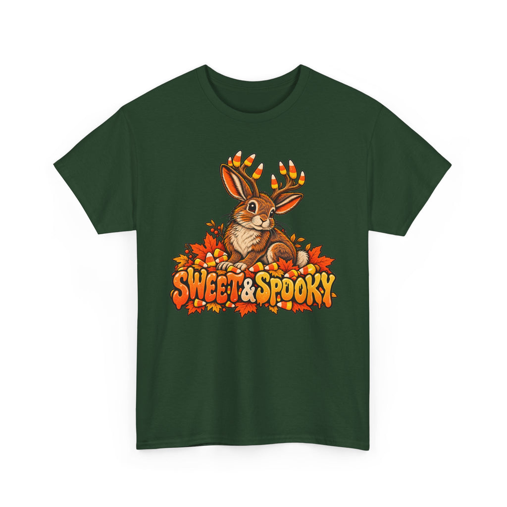 Halloween jackalope T-shirt, dark green with candy corn antler bunny graphic and text