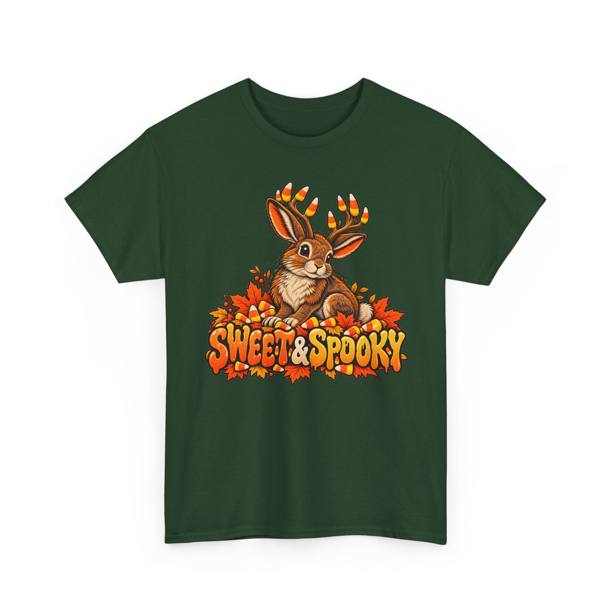 Halloween jackalope T-shirt, dark green with candy corn antler bunny graphic and text