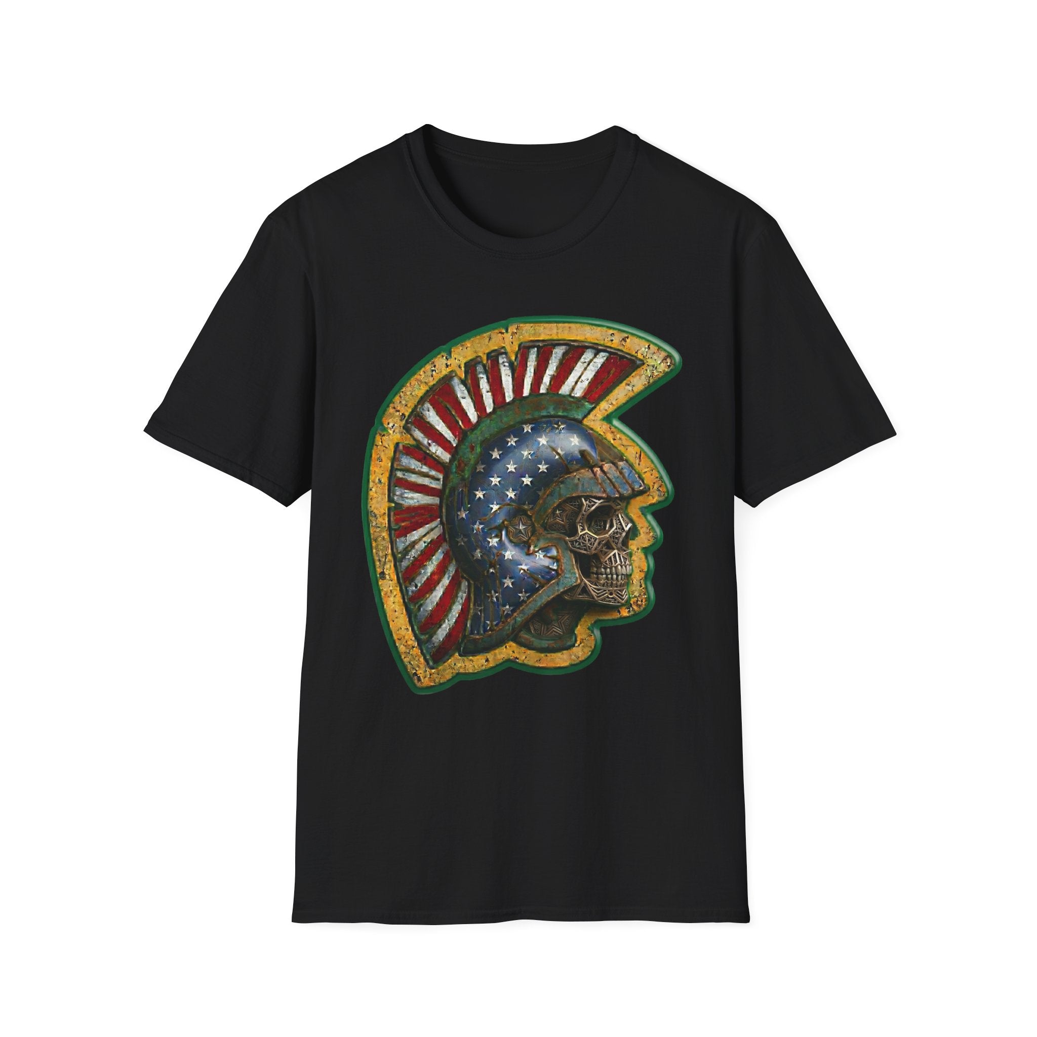 Black t-shirt with American flag warrior skull helmet graphic front