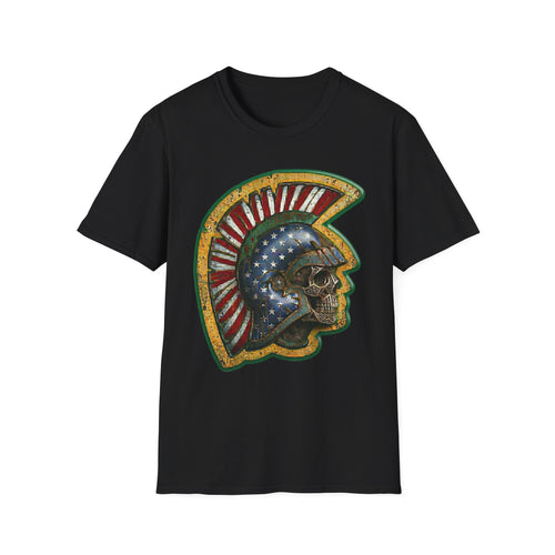 Black t-shirt with American flag warrior skull helmet graphic front