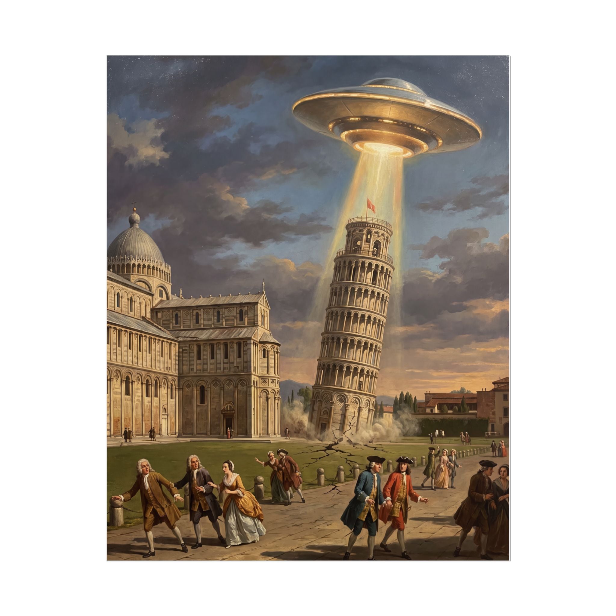 Sci-fi poster showing UFO hovering over the Leaning Tower with people walking in a city scene