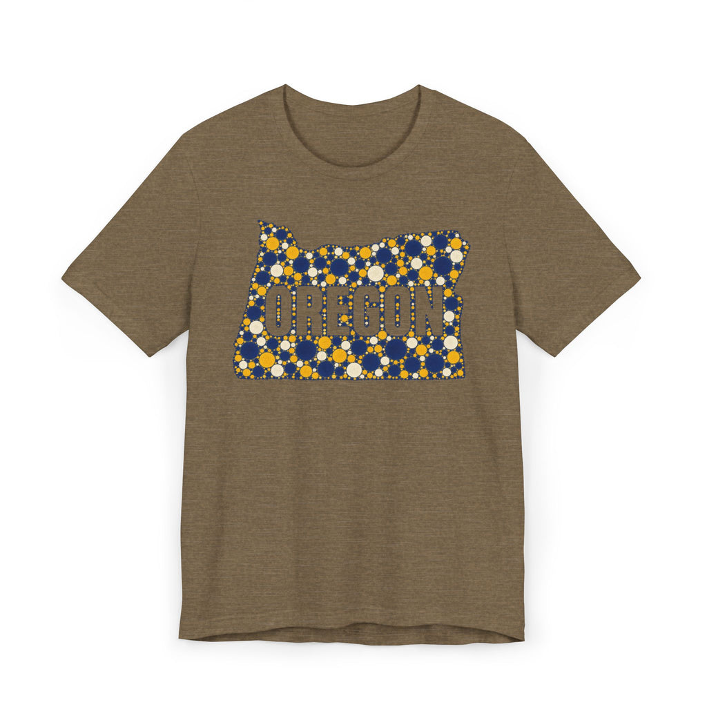 Brown Oregon map graphic t-shirt with blue and gold polka dot lettering