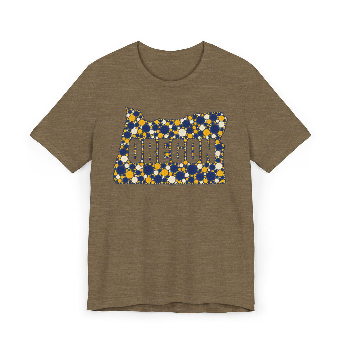 Brown Oregon map graphic t-shirt with blue and gold polka dot lettering