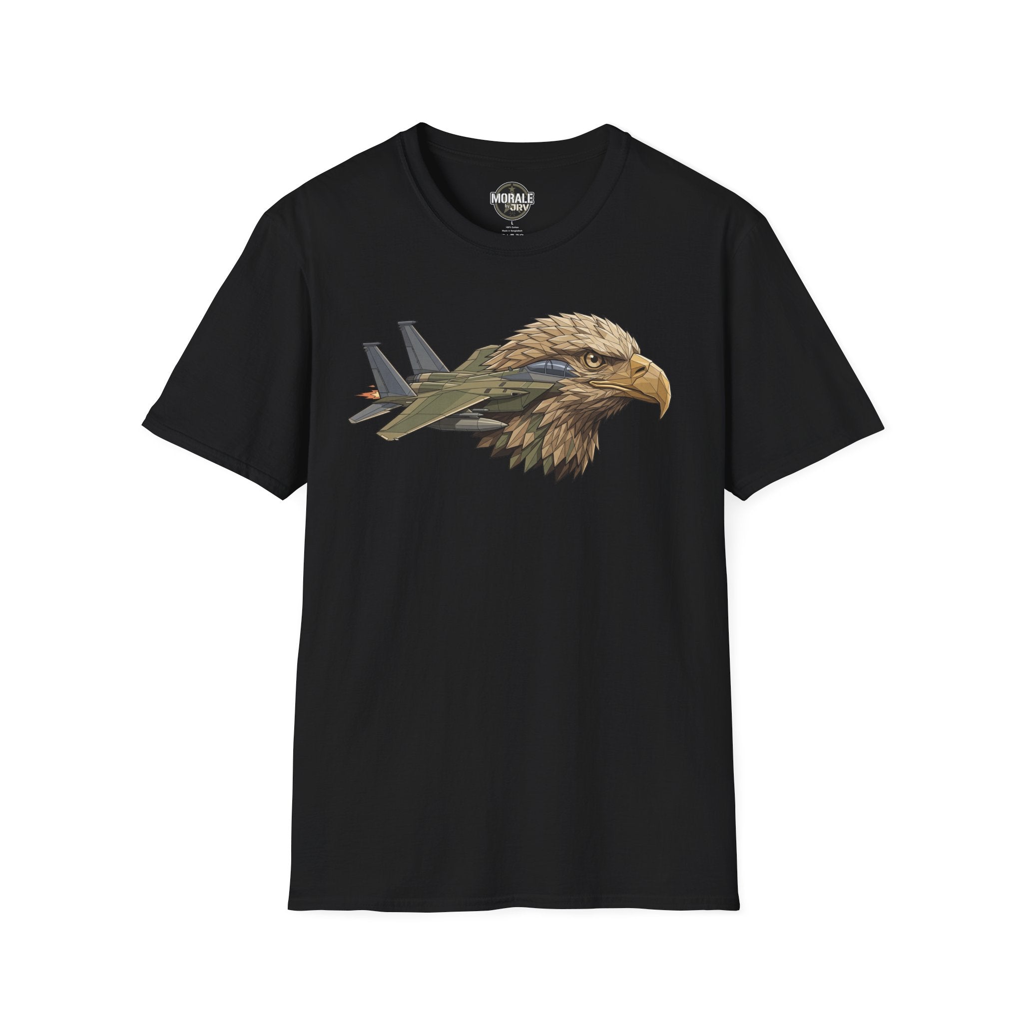 Black t-shirt with eagle head and fighter jets graphic on the chest