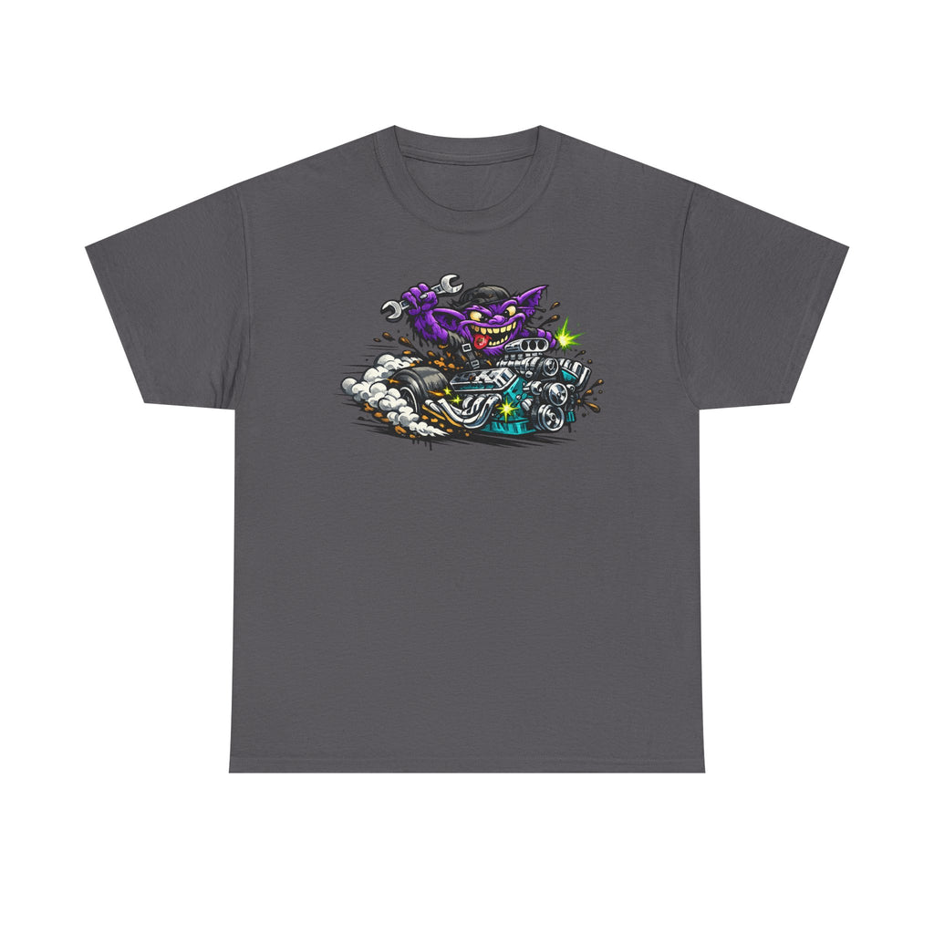Charcoal biker cat graphic T-shirt with grinning cat on a motorcycle