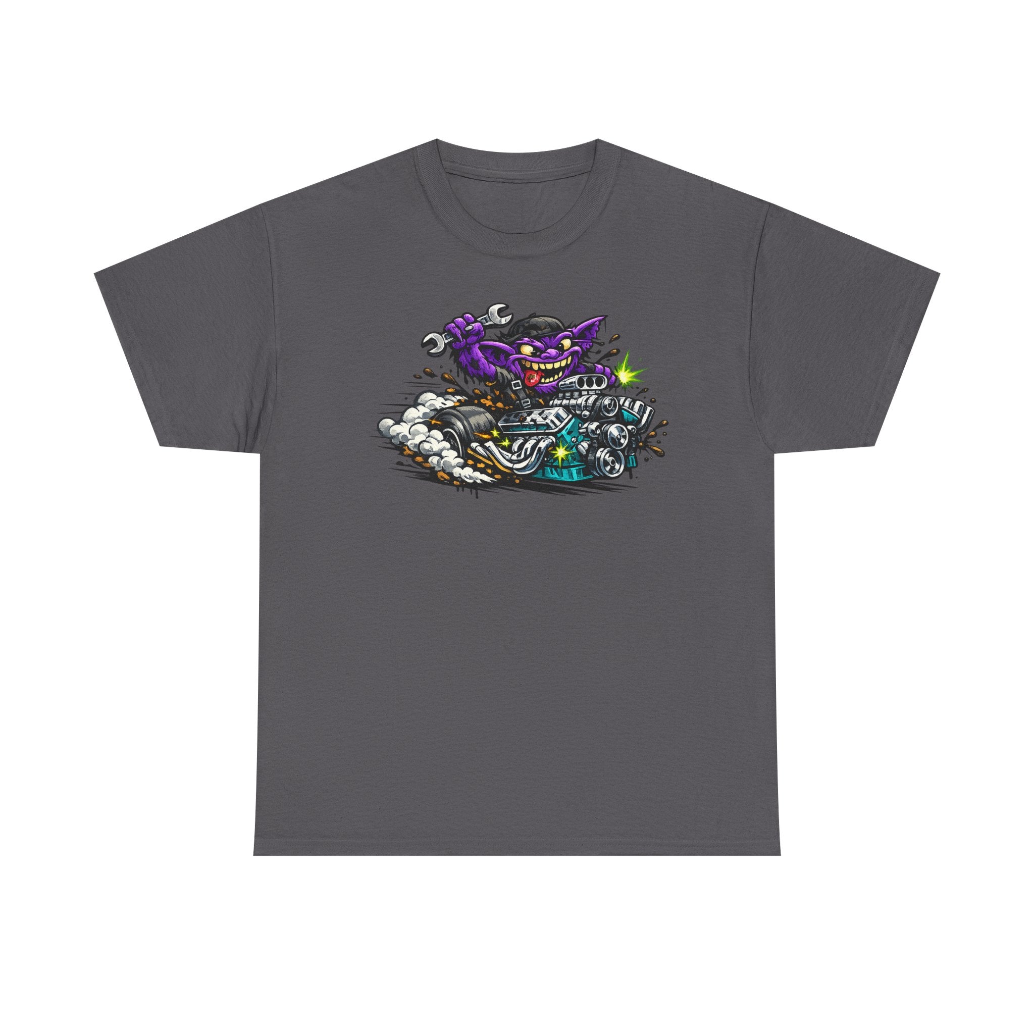 Charcoal biker cat graphic T-shirt with grinning cat on a motorcycle