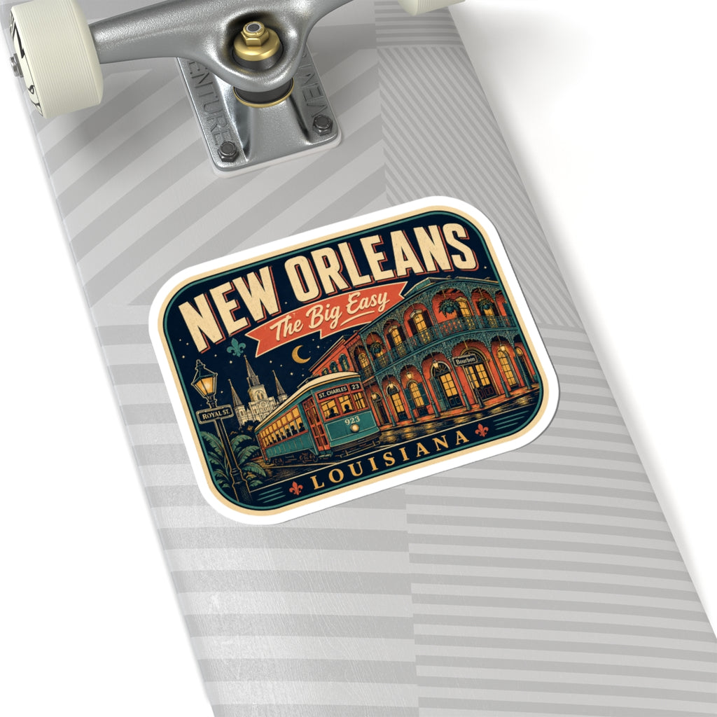New Orleans luggage tag sticker decal with “The Big Easy” and city scene on dark background