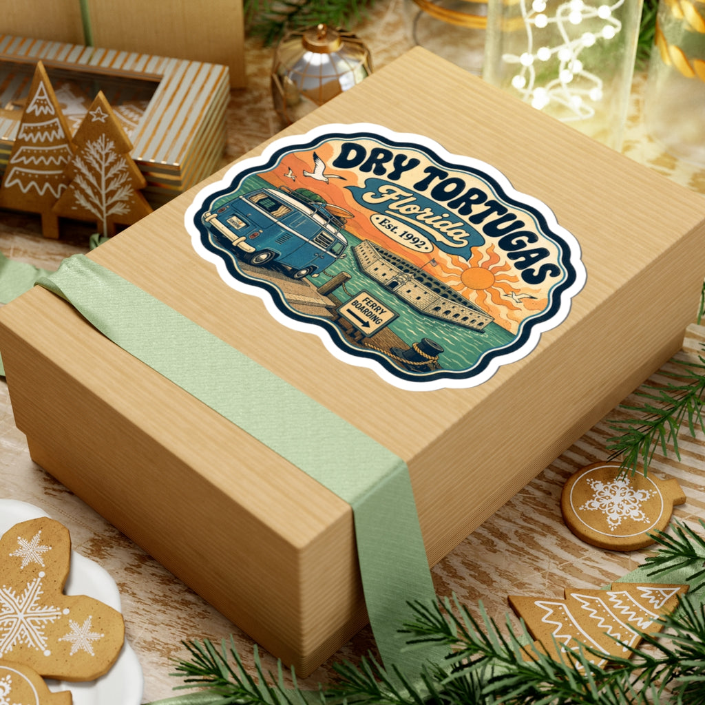 Dry Tortugas National Park sticker on gift box: teal van, fort, ferry boarding sign, sunset scene